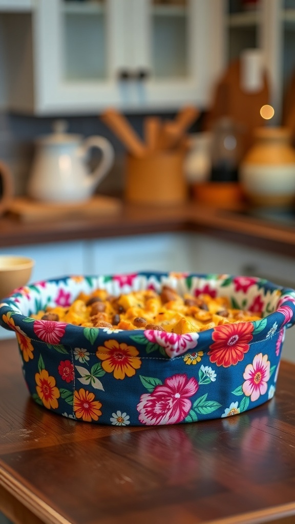 A colorful casserole holder with a floral pattern, holding a casserole dish in a cozy kitchen.